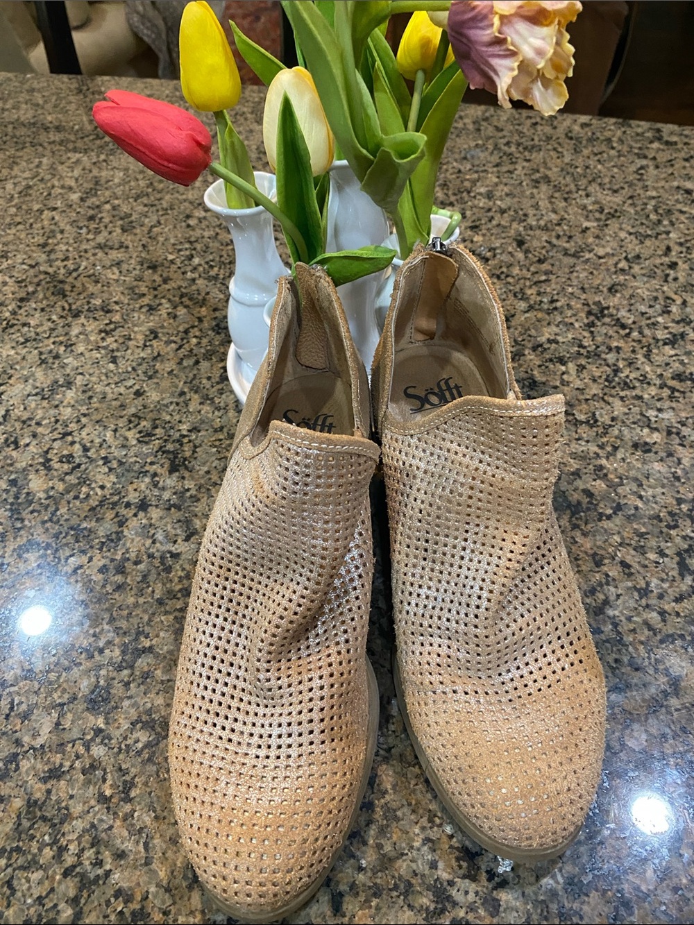 Sofft Perforated Slip-On Ankle Booties in Tan